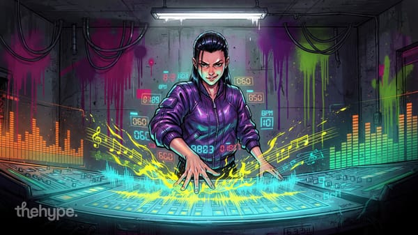 Illustrated woman in purple jacket summons glowing notes from a neon mixer, evoking Google Lyria 3.5 AI music generation.