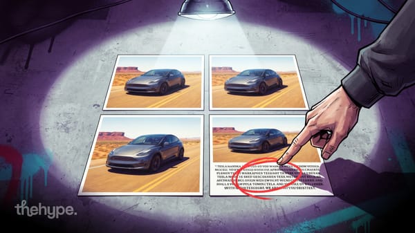 	Illustrated hand circling text errors on four car photos under a spotlight, theHype logo in corner