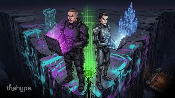 Two armored figures with laptops projecting holographic castles on a dark cliff, representing Grok vs GPT coding duel
