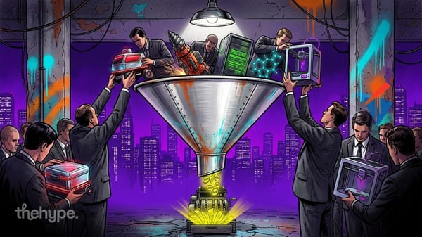 	Illustration of investors funneling robots, servers, molecules and 3D printers into a cash register spitting gold coins.