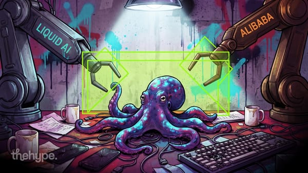 Octopus at a cluttered desk flanked by Liquid AI and Alibaba robot arms holding a bounding box
