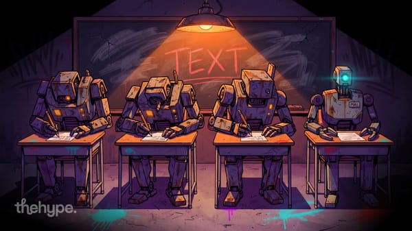	Illustrated robots sitting at school desks writing on paper under a chalkboard that reads TEXT