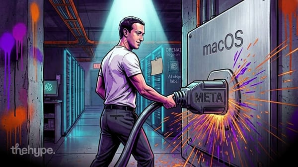 Illustrated Mark Zuckerberg plugs a giant META connector into a macOS panel, sparks flying in an OpenAI-lined server hall