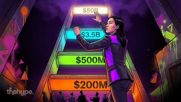Woman climbs a glowing staircase of funding rungs — $200M, $500M, $3.5B, $50B — as onlookers watch Moonshot's ladder.