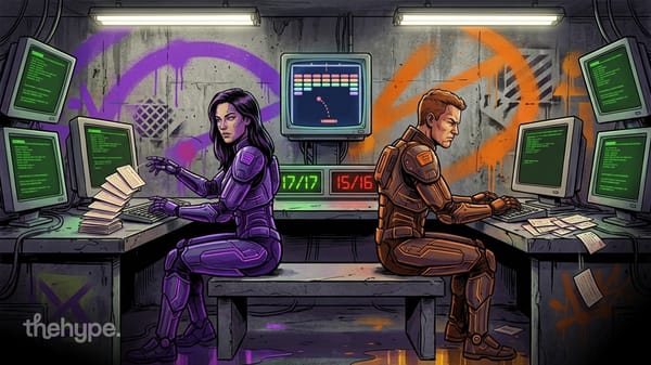 Two armored figures at terminals with code screens, a scoreboard showing 17/17 and 15/16 above a breakout game display