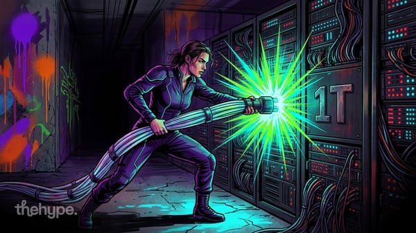 Comic-style figure plugging glowing cables into server racks, neon green energy burst, data center setting
