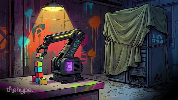 Robot arm stacks colored cubes under a lamp while a covered data center rack sits unused — Nvidia's on-device robot ai.