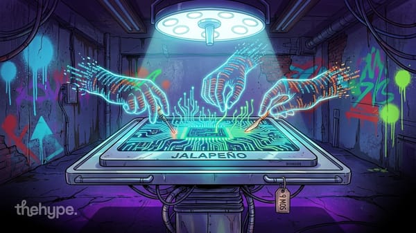 Neon operating room where glowing hands made of code perform surgery on a chip labeled Jalapeño on an operating table.