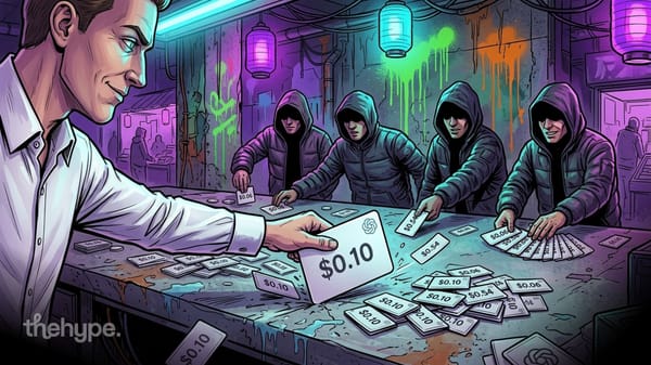 	Man in white shirt deals price-tag cards to hooded figures in a neon-lit underground room, AI price war theme