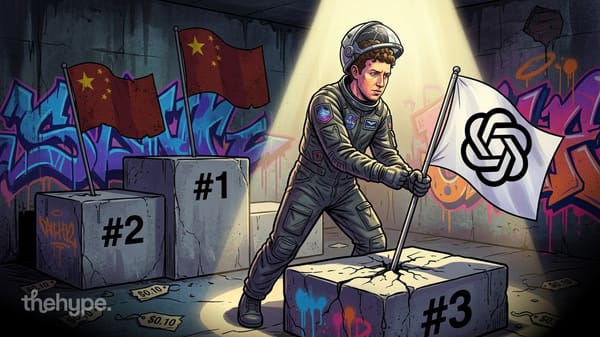 Soldier planting OpenAI flag on cracking #3 podium block while Chinese flags fly over #1 and #2 in graffiti-covered arena
