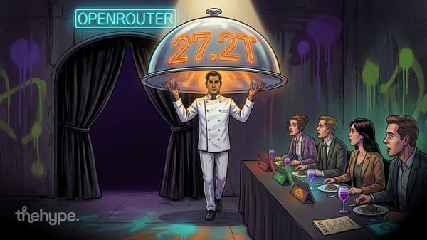 Chef carries a giant cloche glowing 27.2T under a neon OpenRouter sign as diners watch — token volume leaderboard.