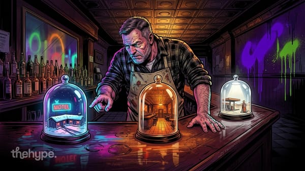 Bartender over three glass domes holding a neon motel, tavern and desert gas station — the three photo-to-3D scenes