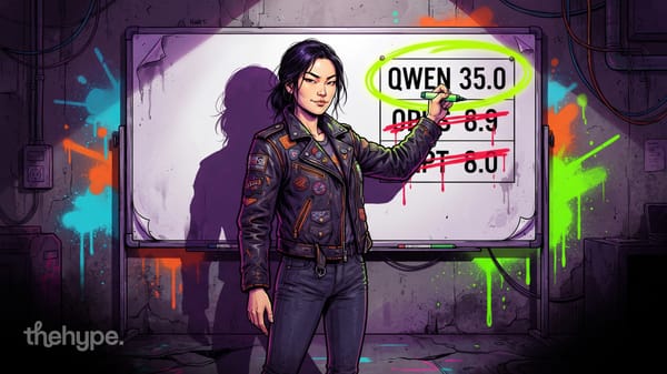 	Illustrated woman in patched leather jacket circles Qwen 35.0 in green, crosses out Opus and GPT scores on a whiteboard.
