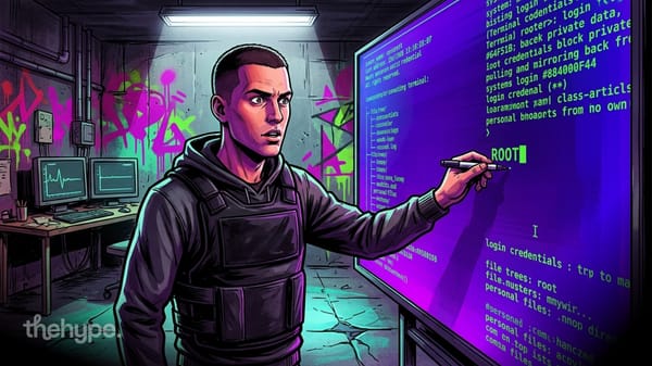 	Illustration of a man in tactical vest pointing at a blue screen filled with root access logs and login credentials