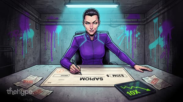Comic-style figure in purple suit signing a large Sapiom $35M check with paid invoices and a 10X growth tablet
