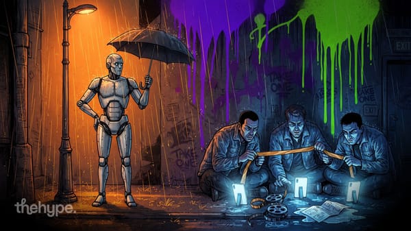 Illustration of a robot with umbrella under a streetlamp while three men examine phones — scenes from an AI video model test.