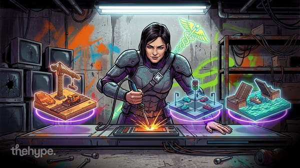 Armored woman welding at a workbench with glowing voxel dioramas of a construction site, city crossing, and drawbridge