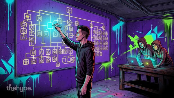 Man drawing on a glowing org chart of robot icons – managing AI agents – as two people work on laptops nearby.