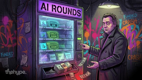 Man at a neon vending machine labeled AI Rounds dispensing cash, cards read Crusoe $3B and Wonderful $550M