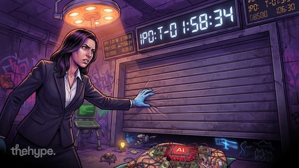Woman in a suit pushes against a closed shutter under an IPO countdown clock, an AI chip glowing in a pile of cash below.