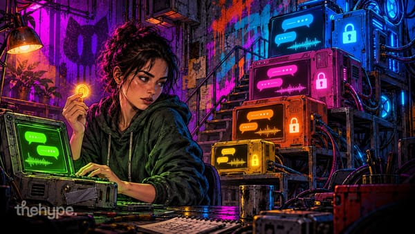 ChatGPT free: a woman weighs a free glowing chat terminal against a row of paid machines