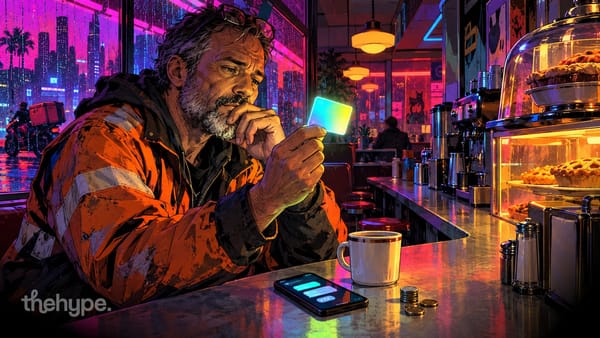 ChatGPT free vs Plus: a man at a late-night diner counter weighs a glowing membership card over his phone