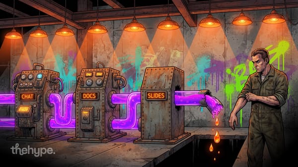 Industrial machines labeled CHAT, DOCS and SLIDES linked by glowing pipes as Anthropic merges Claude into one product