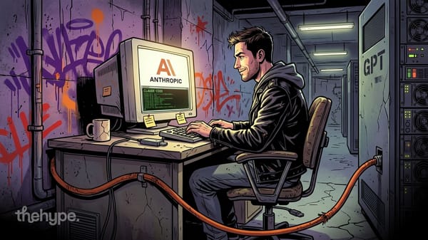 Man at a retro CRT running Claude Code, orange cable linking his desk to a GPT server rack in a graffiti basement.