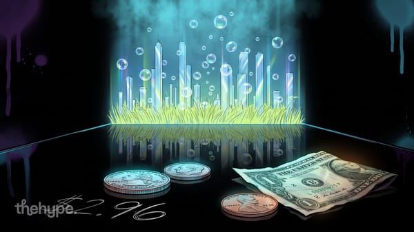 glowing teal glass skyscrapers and soap bubbles reflected above coins and cash, marking a $2.96 three.js ai benchmark