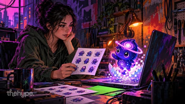 A young woman in a dark-green hoodie holds up a sheet of pixel sprite frames while a small pixel-art galaxy creature hatches out of her laptop