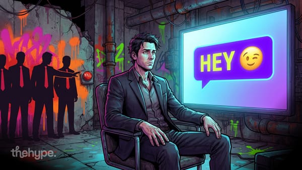 Man in a suit sits by a screen showing a winking 'HEY' chat bubble while suited silhouettes reach for a red kill button.