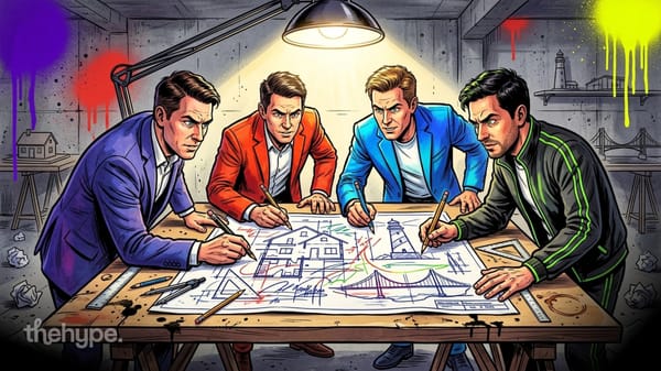 Four men lean over blueprints of a house, lighthouse and bridge under a work lamp — the three AI build tasks.