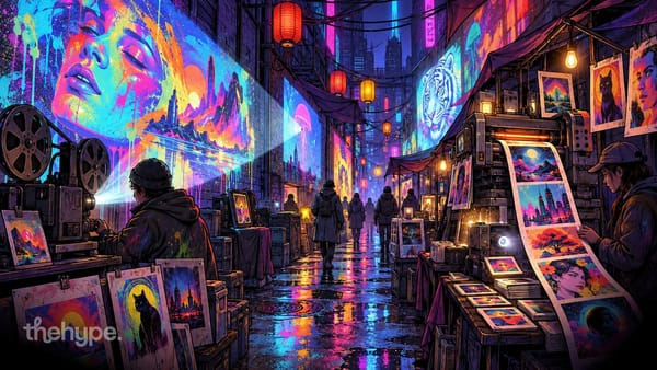 Free AI image generator: a night market where projectors and printers turn out bright pictures