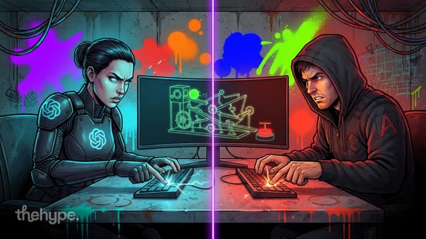 Comic-style split panel: OpenAI-branded coder and hooded rival typing at keyboards, neon Rube Goldberg rig on screen