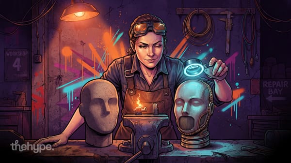 Mechanic in goggles holds a glowing magnifier over a meshed robot head beside a plain stone one: gpt-image-2.5 vs 2 detail