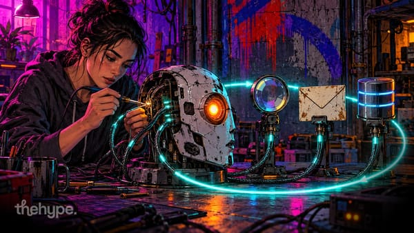 An engineer solders cables from an open robot head to a magnifying glass, an envelope and a database drum, joined by a glowing loop