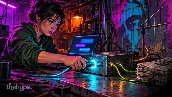 A young woman in a dark-green hoodie plugs a glowing cable into a small hand-built server box wired to a radio antenna and a stack of newspapers