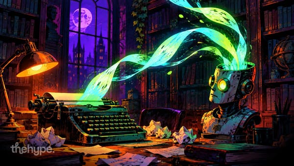 How to write AI prompts: a typewriter strip turns into light and flows into a robot head