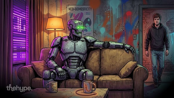 Illustration of a humanoid robot on a living room couch as a man walks in, for a story on robot companions at home