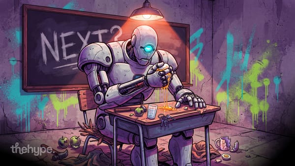 Humanoid robot at a school desk crushing an egg, chalkboard reads NEXT? – embodied AI learning the physical world