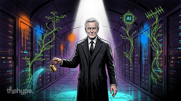 Man in a pinstripe suit waters neon vines growing a drone and AI chip in a server corridor, symbolizing AI funding rounds