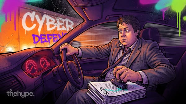 Startled man in a car with "Cyber Defense" graffiti on a cracked windshield, illustrating AI cybersecurity warnings