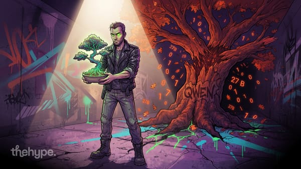 Man holds glowing bonsai beside a giant tree carved Qwen shedding 27B digits – Ternary Bonsai compressing Qwen 3.8