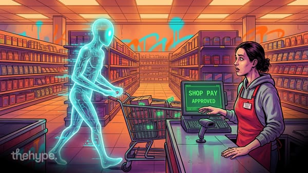 Holographic AI agent pushes a cart past a startled cashier as a register shows Shop Pay Approved in a graffiti-lit store.