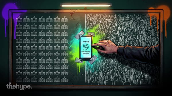 Hand taps a taped Android phone running a sign language interpreter app between chalk-drawn schools and a vast crowd