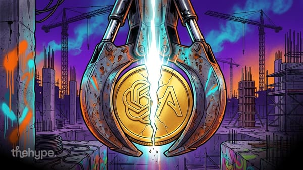 Robotic claw crushing a gold coin splitting between the OpenAI and Anthropic logos above a purple construction site.