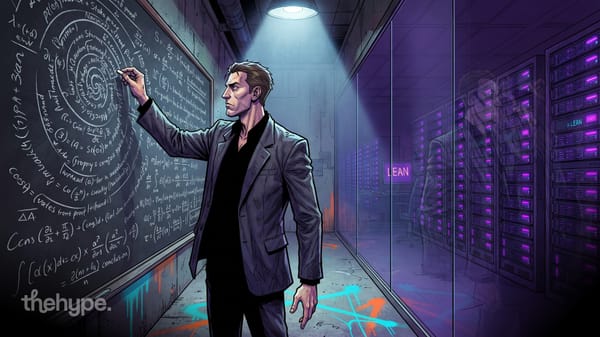 Man chalks spiral equations while purple servers and a LEAN screen glow behind glass, a nod to the Navier-Stokes proof race