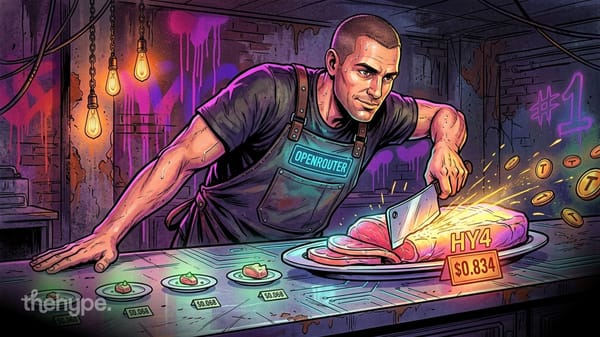 Butcher in an OPENROUTER apron cleaves a glowing HY4 steak priced $0.834 beside tiny $0.068 plates, neon #1 behind.