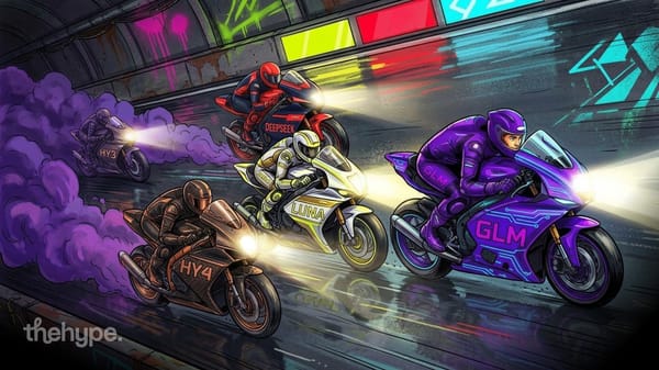 Illustrated night race: neon motorcycles labeled GLM, LUNA, DEEPSEEK, HY4 and HY3 battling for the OpenRouter token lead.