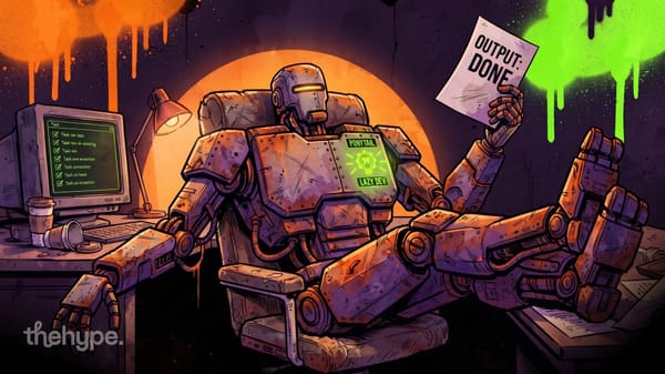Rusty robot labeled Ponytail Lazy Dev lounges, feet on desk, holding an Output: Done sheet – the lazy coding agent skill